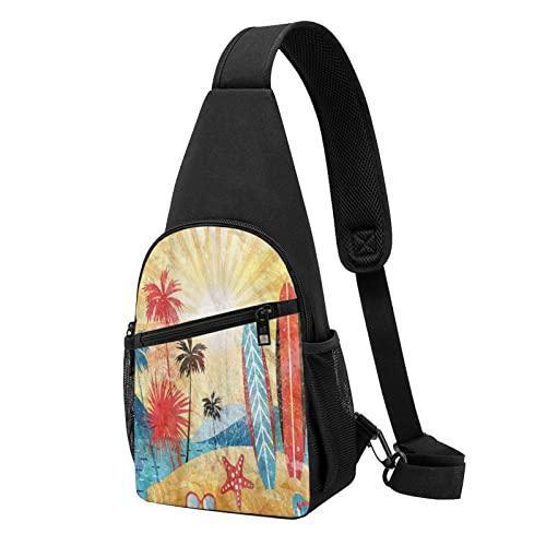 Brand New Surfboard Palm Tree Sling Backpack,Travel Hiking Daypack Pattern Rope Crossbody Shoulder Bag